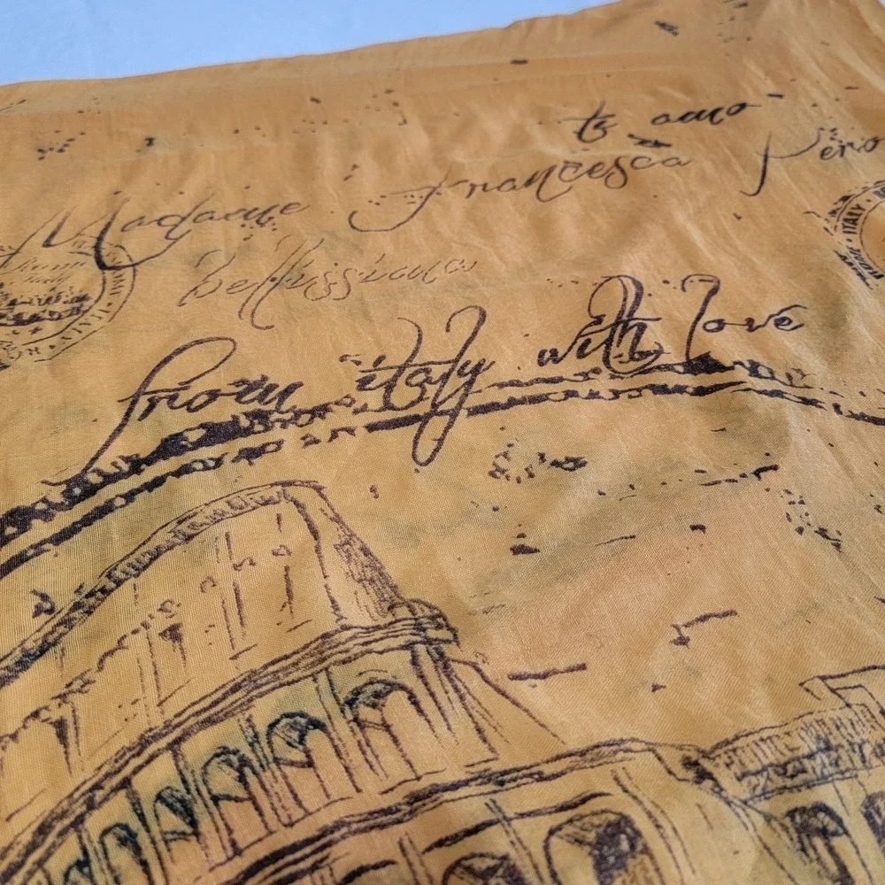 Rome Italy Themed Scarf Mustard Yellow Cotton Blend with a Sheer 70